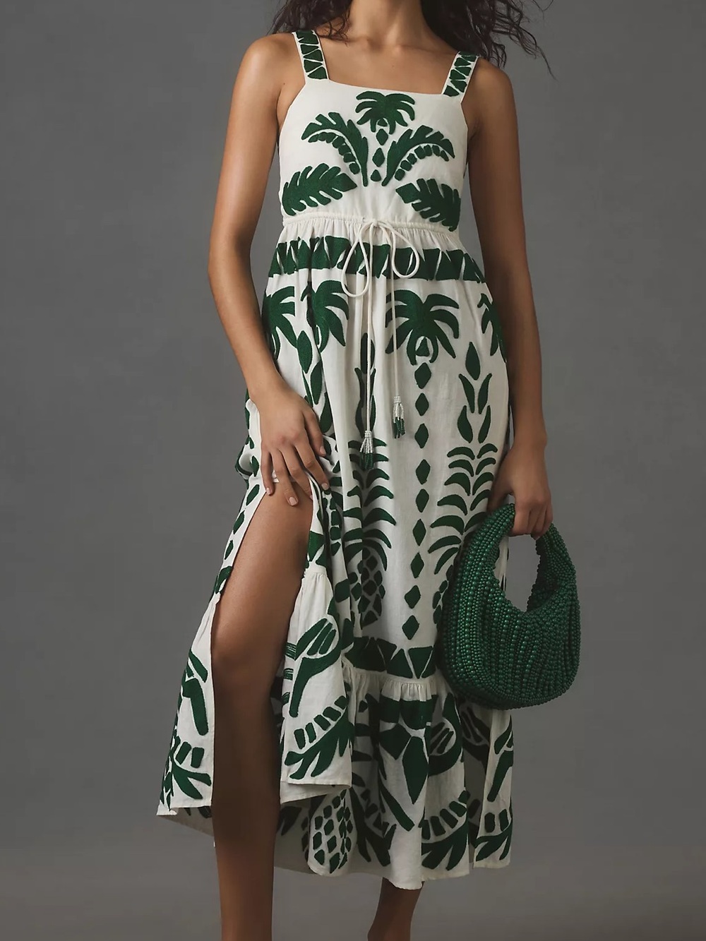 NWOT Farm Rio Sleeveless Embroidered Patchwork Green & White Midi Dress Size L